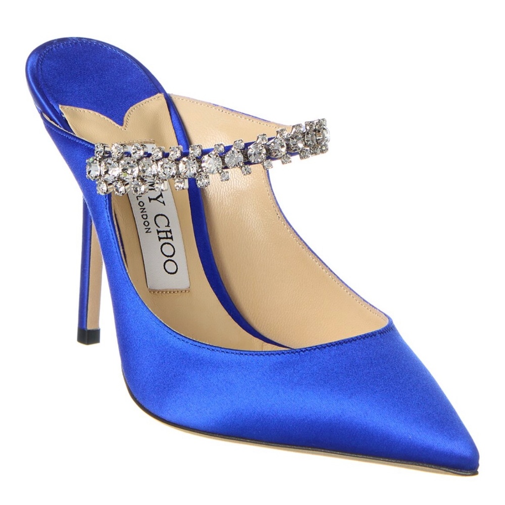 Jimmy Choo Bing 100 Blue Satin Embellished Mules